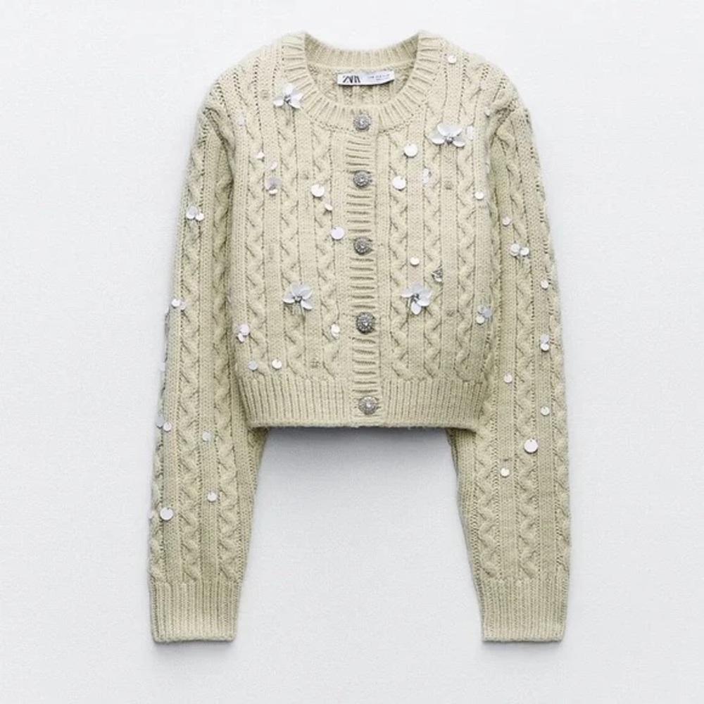 Beige cropped embellished cardigan